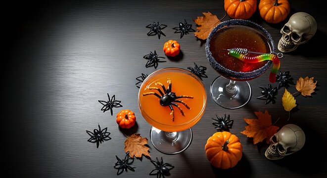 Pumpkin Cocktail Glasses with Orange and Red Swirls, Black Spiders and Skulls for Halloween Party Marketing Concept on Dark Tabletop