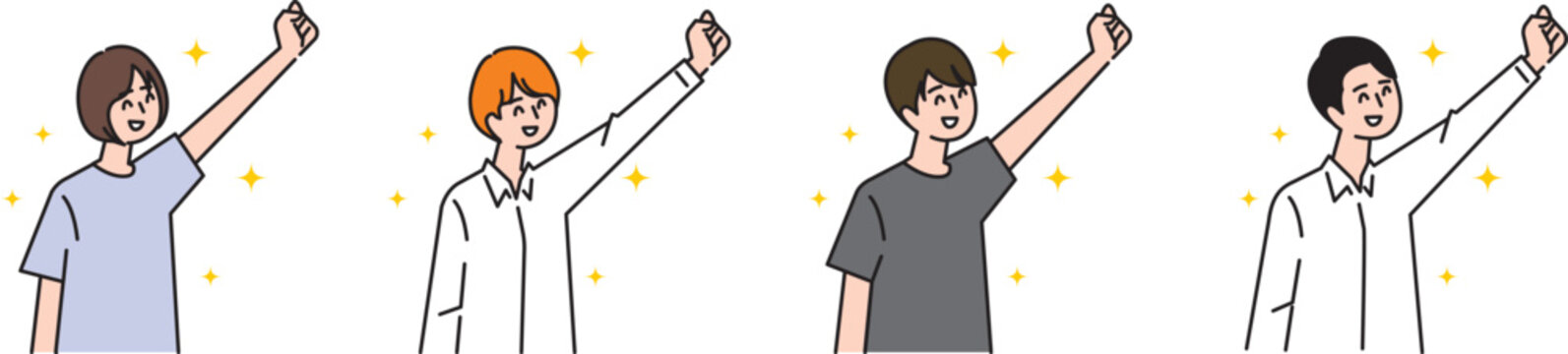 片手を上げて喜びを表現する若い男女のイラストセット