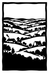 Obraz premium Black and white linocut style countryside landscape with rolling hills and cottages