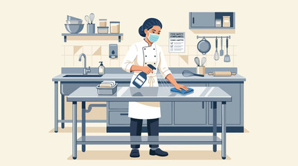 Fototapeta premium Professional Kitchen Worker Wearing A Sanitary Face Mask Cleaning And Sanitizing A Stainless Steel Prep Table In A Restaurant
