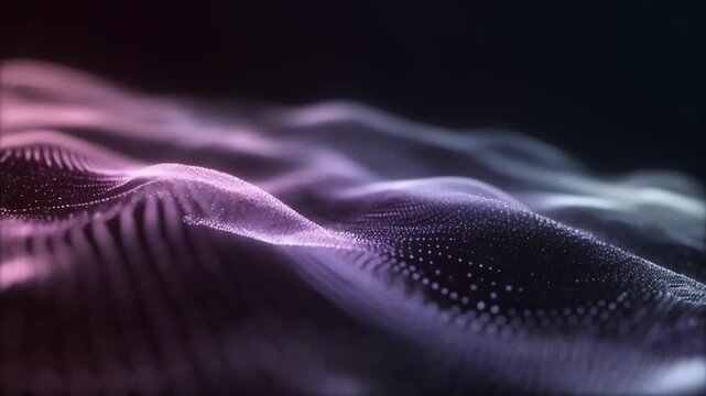Abstract digital wave of flowing purple and pink dots forming a soft, textured grid. Across the grid