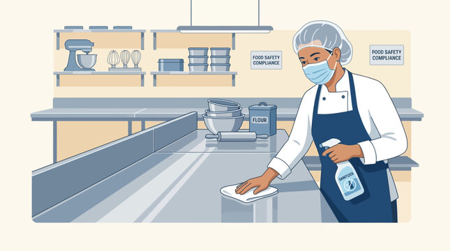 Food service worker in a commercial kitchen sanitizes a stainless steel counter with a spray bottle and cloth