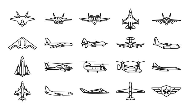 Military Aircraft Line Icons Set with Fighter Jet and Aviation Defense Symbols