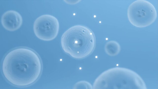 Medical Healthcare translucent cell floating blue fluid, cell biology microbiology medical science, abstract microscopic concept, soft bokeh light, 3d render background with translucent bubble