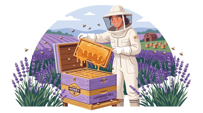 Beekeeper in protective suit harvesting honey from a hive amidst a blooming lavender field with bees buzzing around on a sunny day