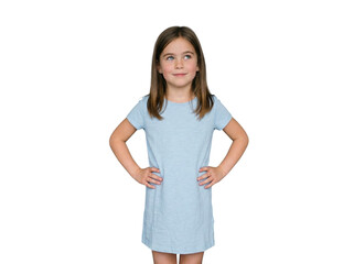 Fototapeta premium Thoughtful Caucasian girl with hands on hips looking up curiously