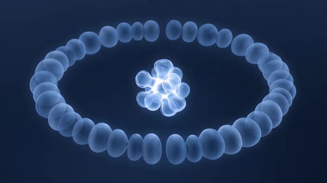 Medical Healthcare macro cell molecule atom nucleus electron particle 3d render science biology abstract blue atomic model, glowing circular chain of translucent macro cell microbe bacteria