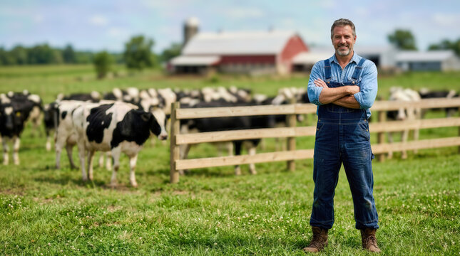 Male farmer standing confidently in front of a herd of dairy cows on a sunny day, with a red barn and green fields visible in the background