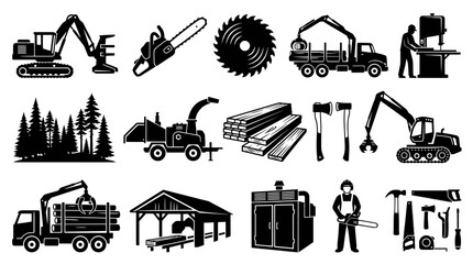 Obraz premium Black and White Vector Icons of Forestry and Lumber Industry Equipment and Tools