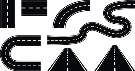 Fototapeta premium Asphalt road segments with white dashed lines in straight and curved patterns during daylight
