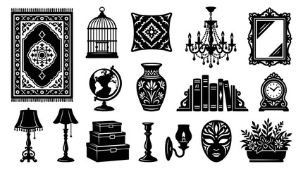 Naklejka premium Black and White Glyph Set: Home Decor, Vintage Household Decorations Interior Design Icons Collection