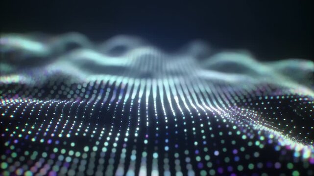 Abstract field of glowing, multicolored dots forming a wavy grid over a dark, techy background. vibe