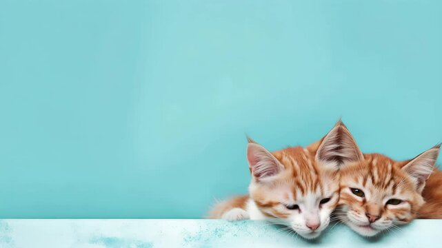 Two orange kittens play and rest on a light blue background in a bright indoor setting during the afternoon