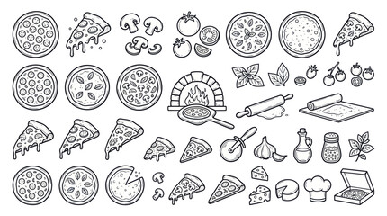 Fototapeta premium Pizza making set with slices whole pies and kitchen utensils