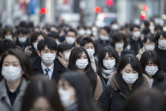 インフルエンザ流行期の都市風景　マスクを着用して通勤する人々