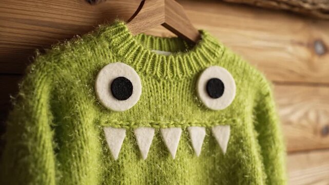 Green fuzzy monster sweater for kids hanging on a wooden hanger against a rustic wood wall