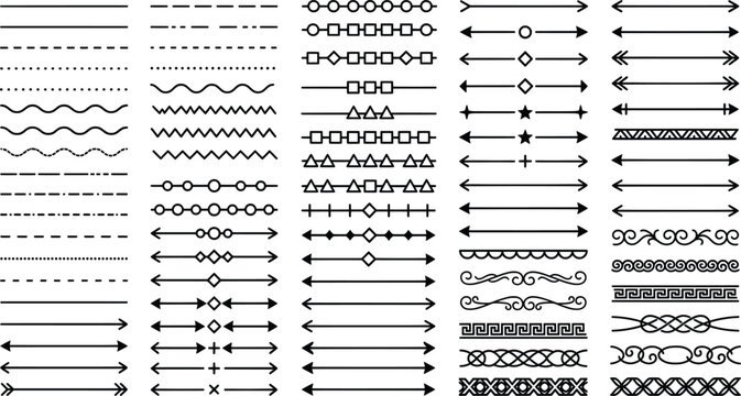 Decorative divider line set with 75 vector elements, minimalist black page separators, ornamental border strokes for graphic design and document layout