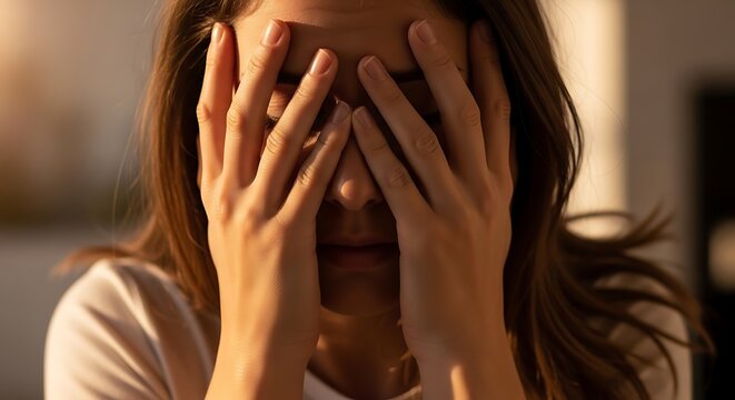 Woman covering her face with hands.