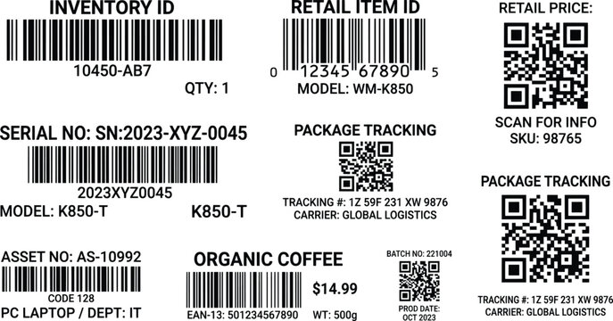Collection of modern barcodes and QR codes on white background for retail and logistics tracking