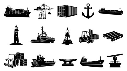 Obraz premium Black White Glyph Icons: Cargo Ships, Crane, Container, Anchor, Lighthouse, Forklift, Pallet