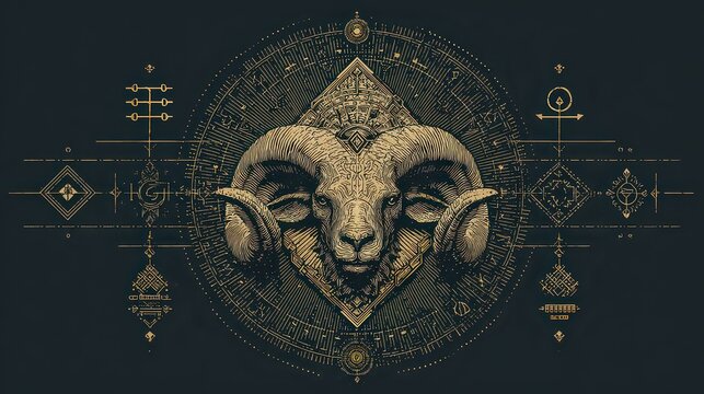 Intricate Illustration of Ram Head with Geometric Background Design