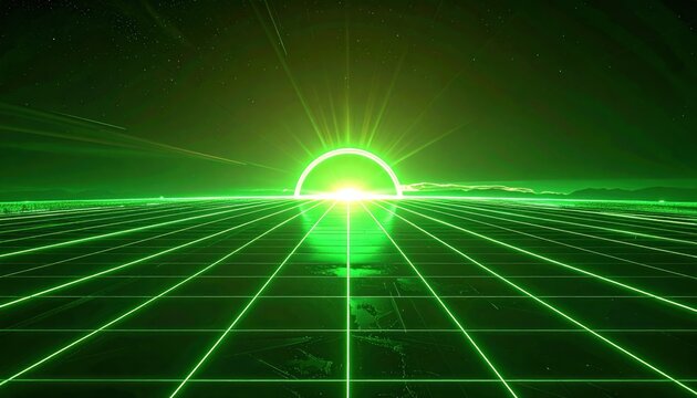 Futuristic Green Grid Landscape with Glowing Orb and Light Rays.