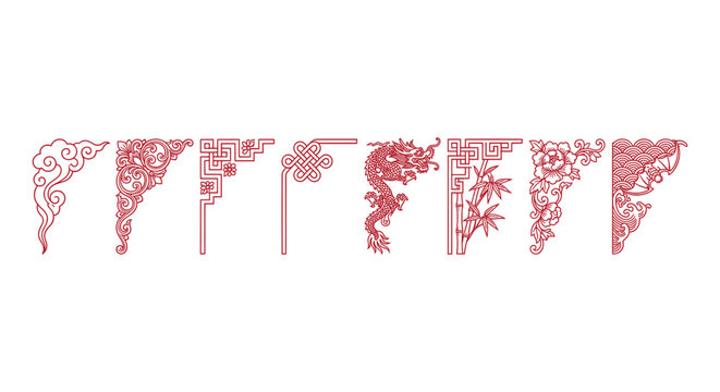 Traditional Chinese corner borders set, red oriental frame ornaments with dragon and floral motifs, 8 decorative asian design elements on white