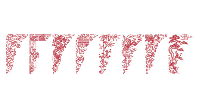 Traditional Chinese corner borders set, red oriental frame elements with dragon and floral motifs, 8 decorative asian corner ornaments for invitation design