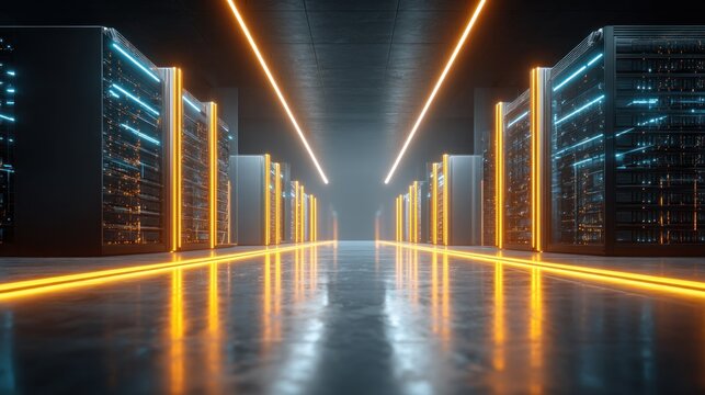 Rows of illuminated technology equipment stretch down a dark, reflective corridor inside a digital facility.