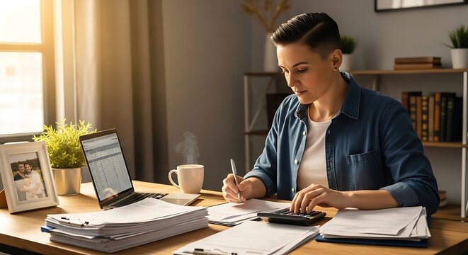 Woman working from home office desk.