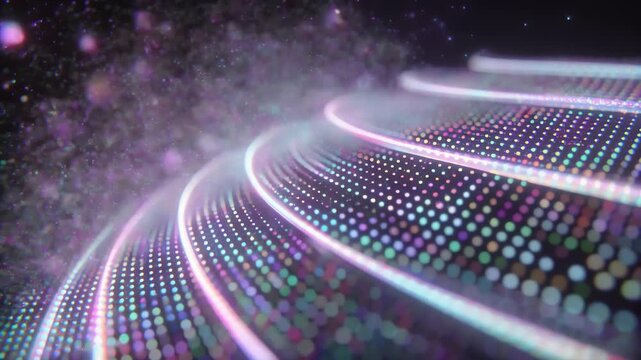 Abstract neon curves and dotted patterns glow in purple and pink hues on dark futuristic background