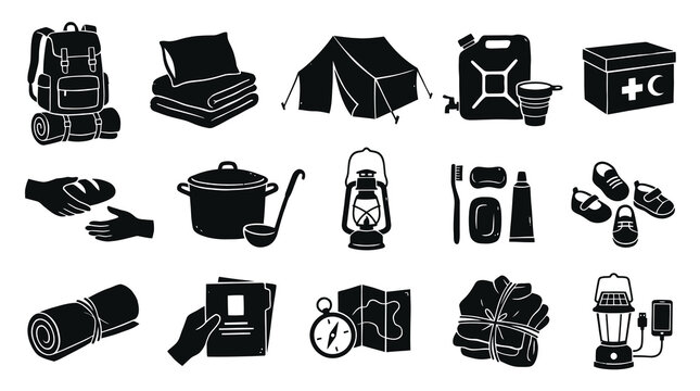 Black Glyph Icons for Survival, Camping, Emergency Preparedness, Humanitarian Aid  Basic Needs Gear