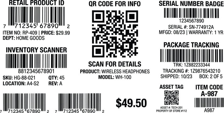 Industrial barcode and QR code label set, retail product ID and inventory scanner tags, package tracking and serial number stickers, EPS vector