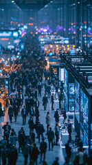 Obraz premium Tech Expo Crowd: A bustling scene at a large-scale technology exhibition, filled with people walking through aisles lined with modern displays and illuminated by vibrant blue lights.