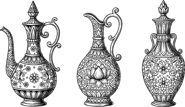 Ornamental pitcher silhouette vector illustration set, floral ewer clipart bundle, decorative vessel icons, traditional design graphics, cultural artwork shapes