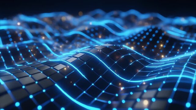 Abstract neon grid waves undulate over a dark plane, dotted with glowing points. with light threads