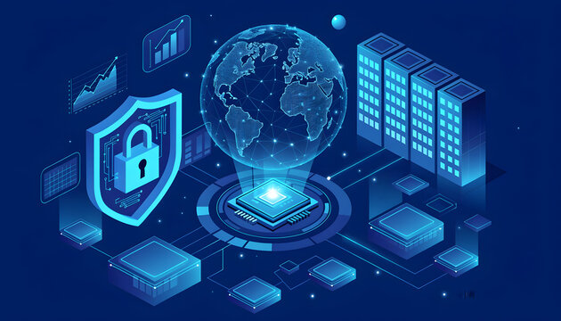 Cyber security and data protection concept with digital globe, server buildings, and shield with padlock icon on blue background