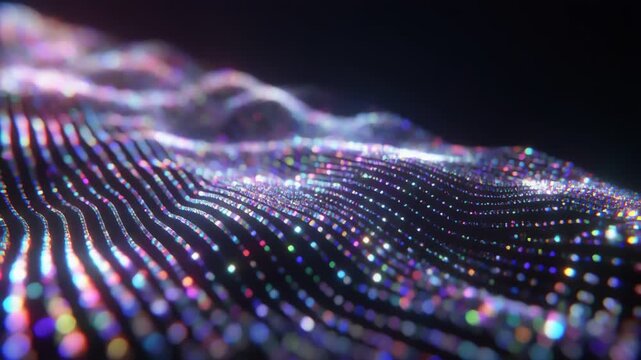 Abstract neon dots form a flowing lattice of light, purple and blue peaks, dynamic energy. in motion
