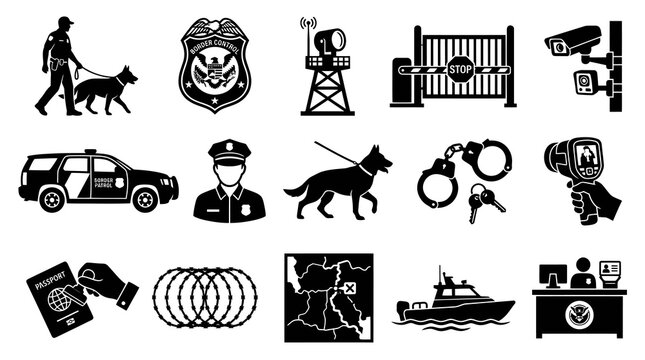 Border Control Icons: Security Guard, Dog, Vehicle, Passport, Boat, Map, Camera, Stop Gate, Handcuffs, Thermal Camera, Barricade, Tower, Desk, Emblem