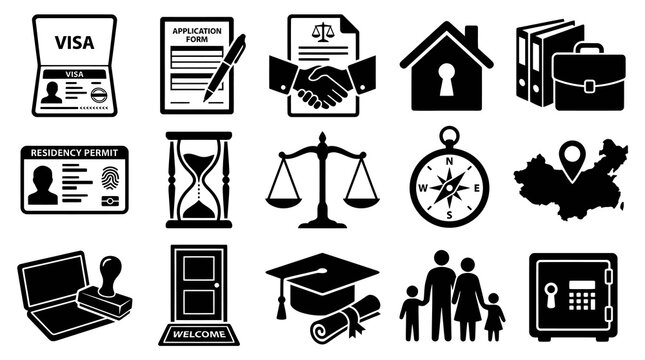 Immigration Icons: Visa, Application Form, Passport, House, Law, Family, Safe