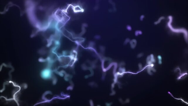 Abstract neon swarm of blue and purple lights dancing across a dark, blurred cosmic backdrop softly
