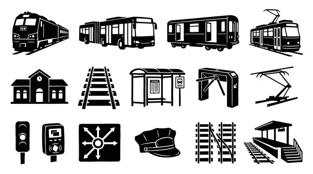 Public Transportation and Railway System Glyph Icons Set. Black and White Transit Elements Collection.