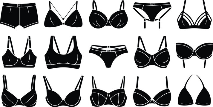 Collection of black women underwear and lingerie icons featuring different styles of bras, panties, and briefs isolated on white background