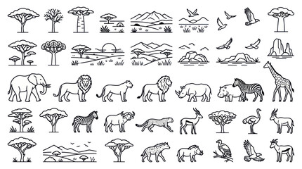 African savannah animal and landscape line art icons set © ghina
