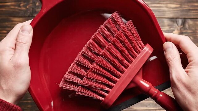 Hands holding red dustpan and brush on dark wooden surface