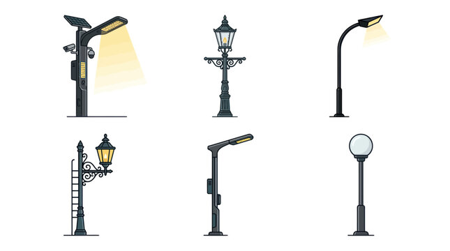 Street lights collection with modern solar and classic vintage lamps