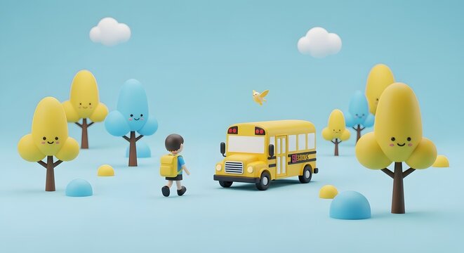 3d cartoon style illustration of a child walking towards a small yellow school bus in a whimsical landscape