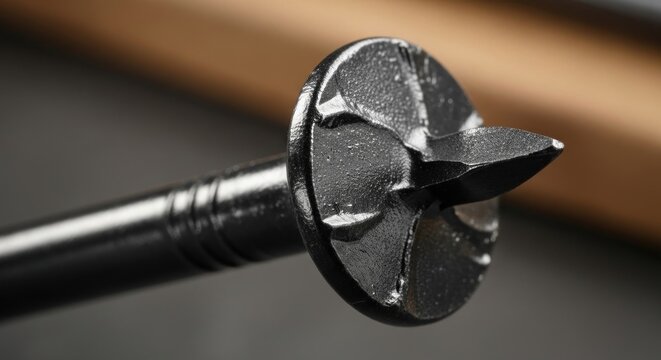 Macro detail of black metal industrial screw head.