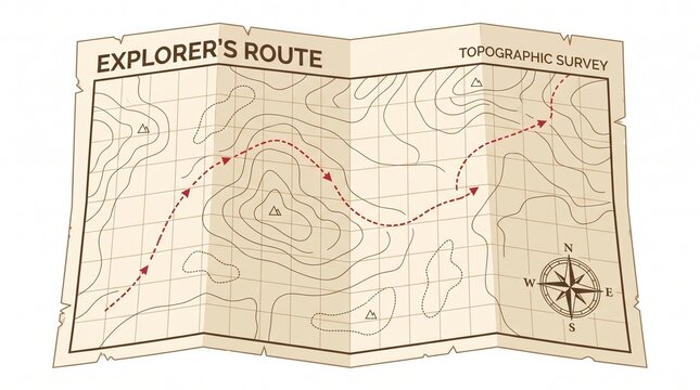 Bold Single Object Illustration Folded Map Compass Rose Worn Edge Paper