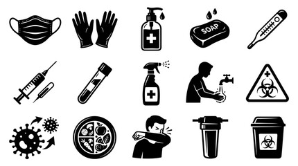 Fototapeta premium Medical Health and Safety Glyph Icons Set. Hygiene, Virus Prevention, and Healthcare Symbols Collection in Black White.